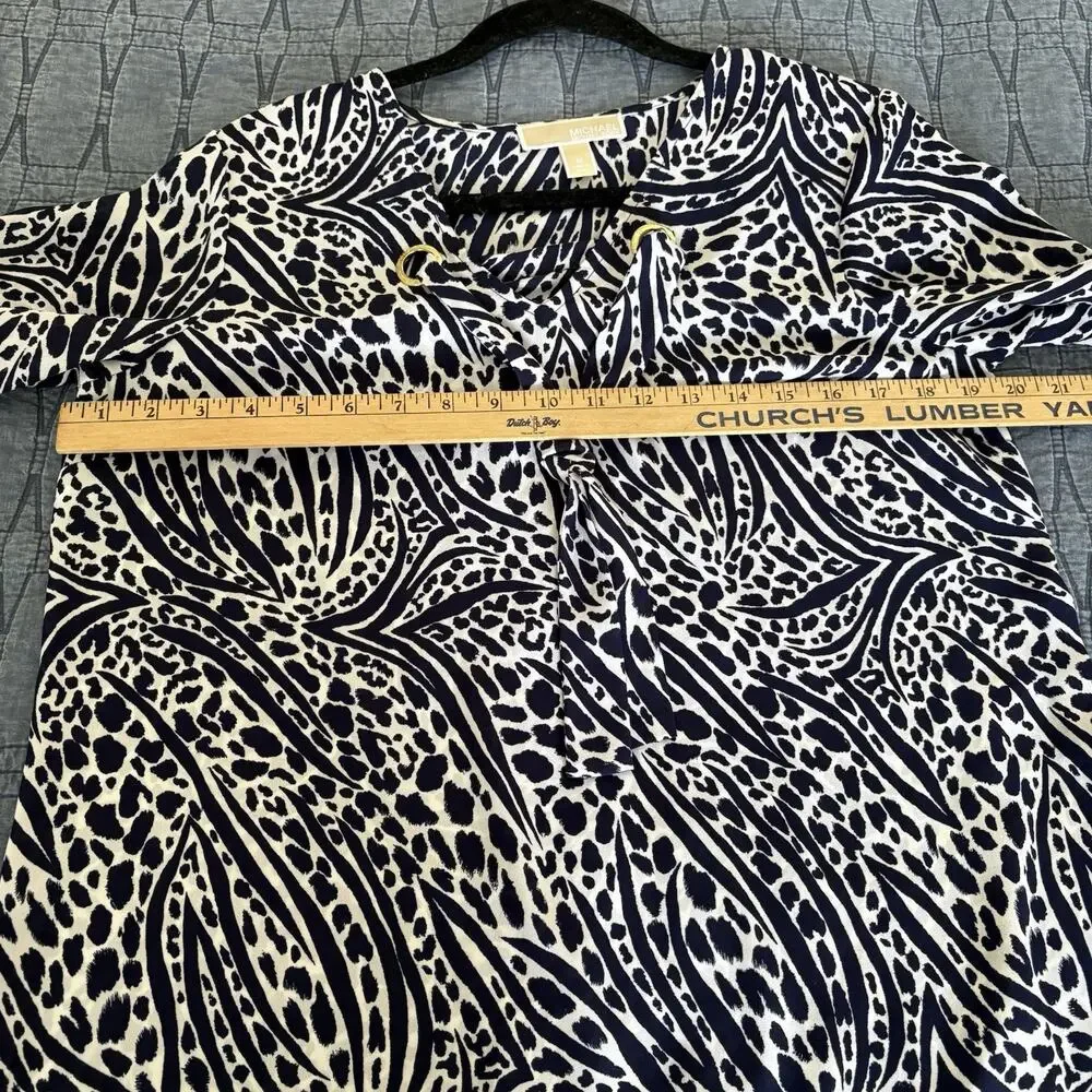 Michael Kors Navy White Nautical Tie Neck Blouse Gold Logo Women M Old Money